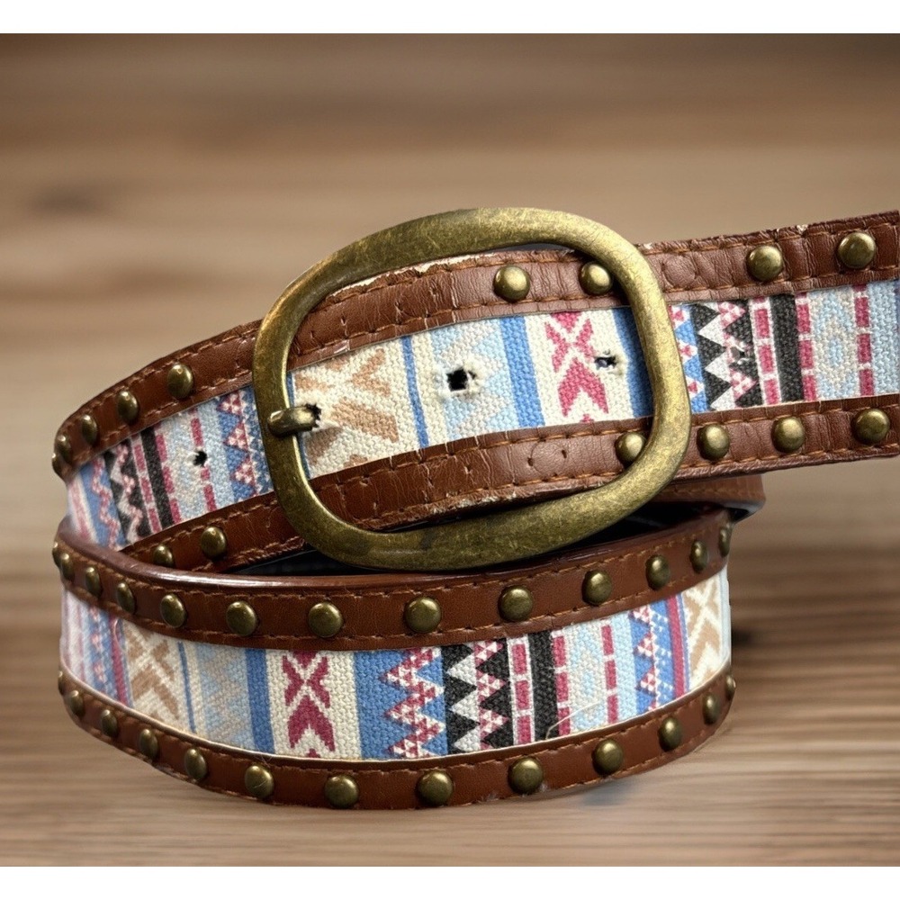 Vintage Cowgirl‎ Belt Southwestern Aztec Faux Leather Canvas Brass Studded M/L